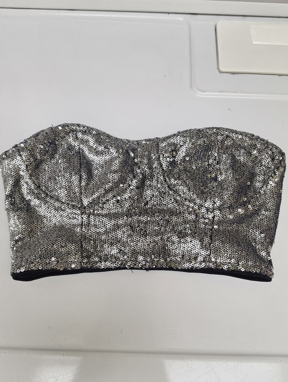 ✨️ Forever 21 Silver Sequin Bustier Zipper Top Juniors S Womens XS